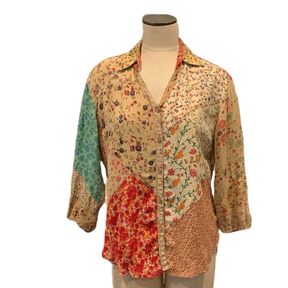 Sacred Threads Floral Patchwork Button Down Shirt… - image 2